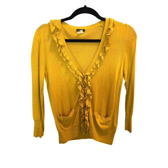 JCrew small yellow mustard ruffle cardigan - Picture 1 of 4